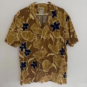J.Crew Hemp Hawaiian Shirt Mens L Brown Short Sleeve Tropical Floral Camp